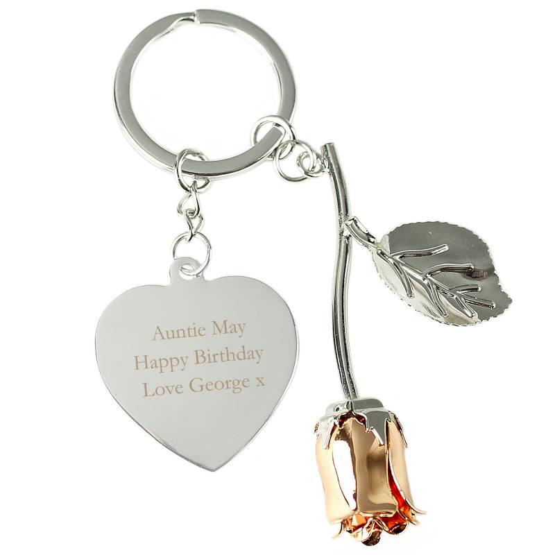 Personalised Silver Plated Rose Gold Rose Keyring