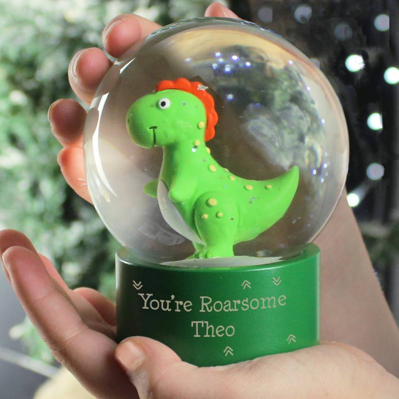 Personalised Message Dinosaur Glitter Snow Globe